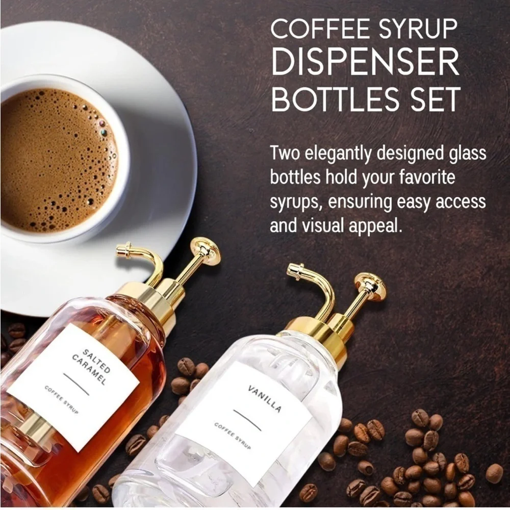 Brand New Coffee Syrup Dispenser Set Glass Bottle Pumps Labels Cafe Bar Barista
